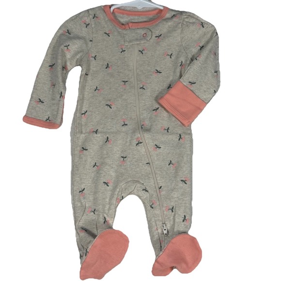 CHERRIES! New Baby Cloud Island‎ Girls SLEEPER Size 0-3 Months Gray Pink Cherry - Picture 1 of 4